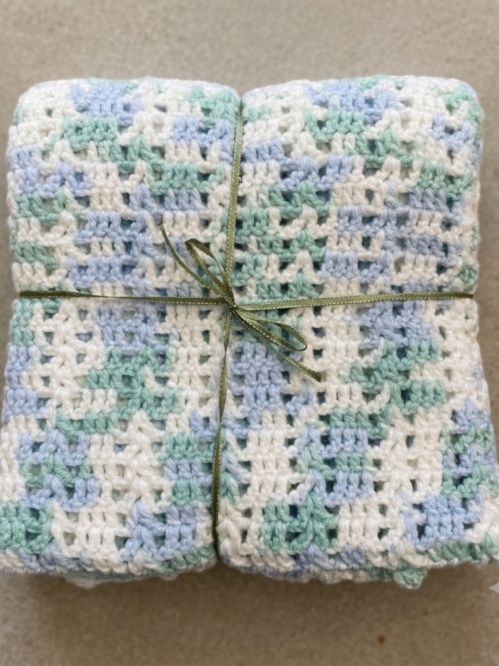 Handmade Crocheted Baby Blanket Afghan Mint Green Blue White